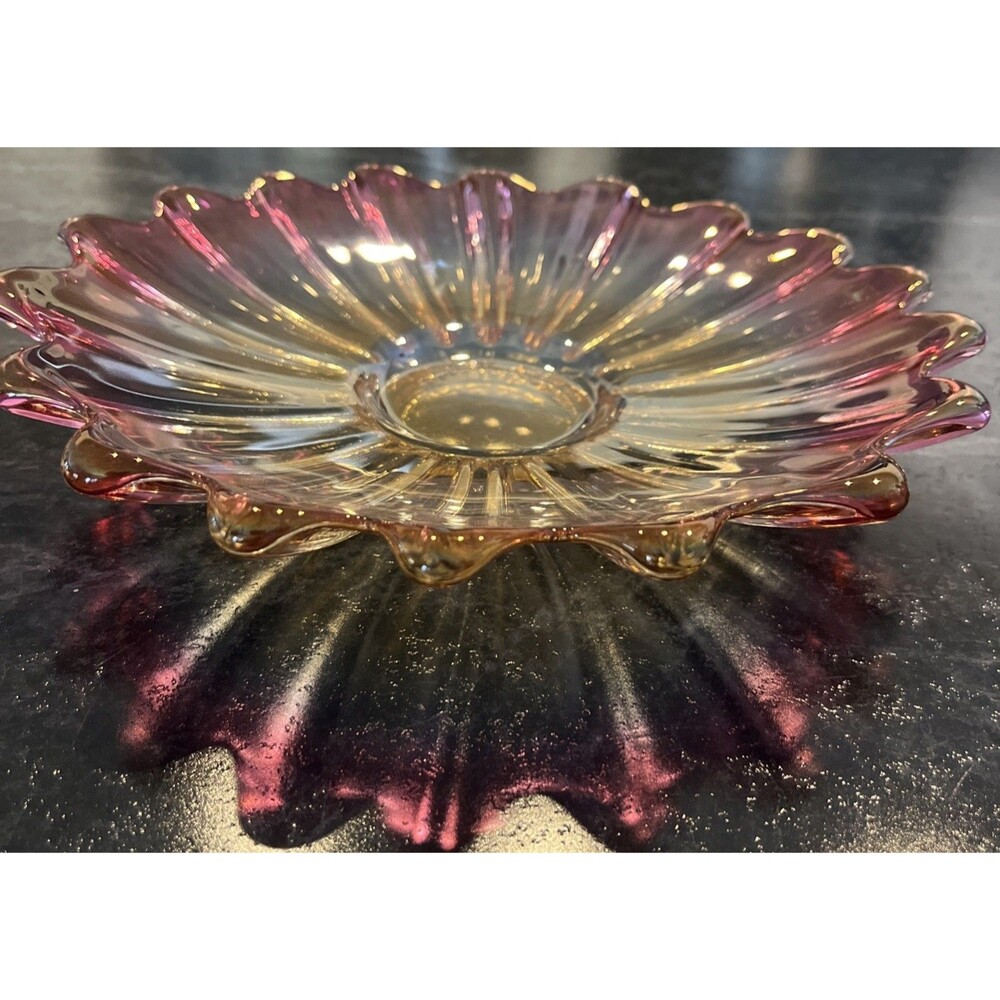 Vintage Federal Glass Celestial Sunburst Flower Plate In Iridescent Gem Tone